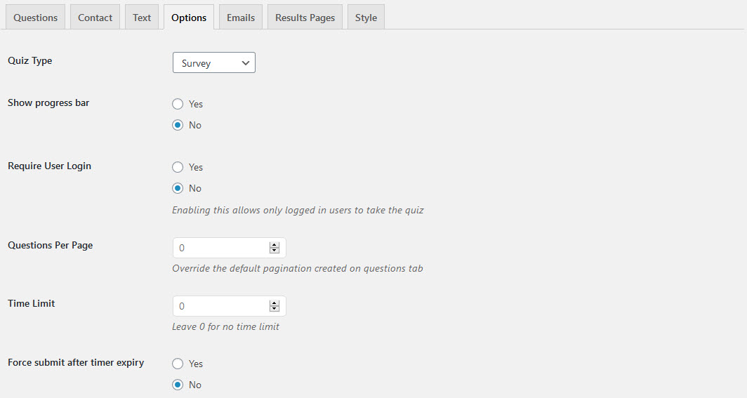 Create a Survey in WordPress - Configuring Options Tab- QSM Plugin