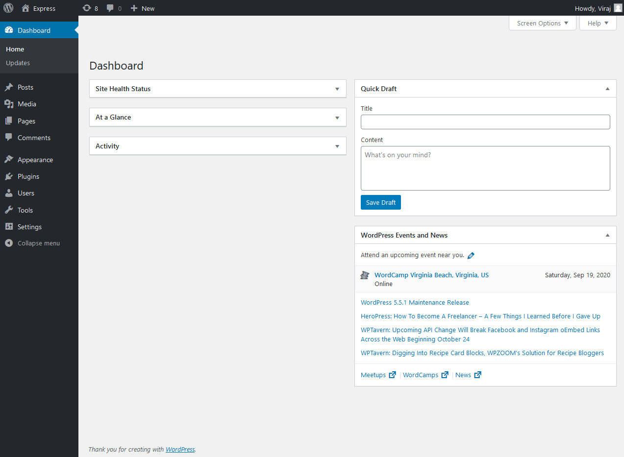 WordPress dashboard