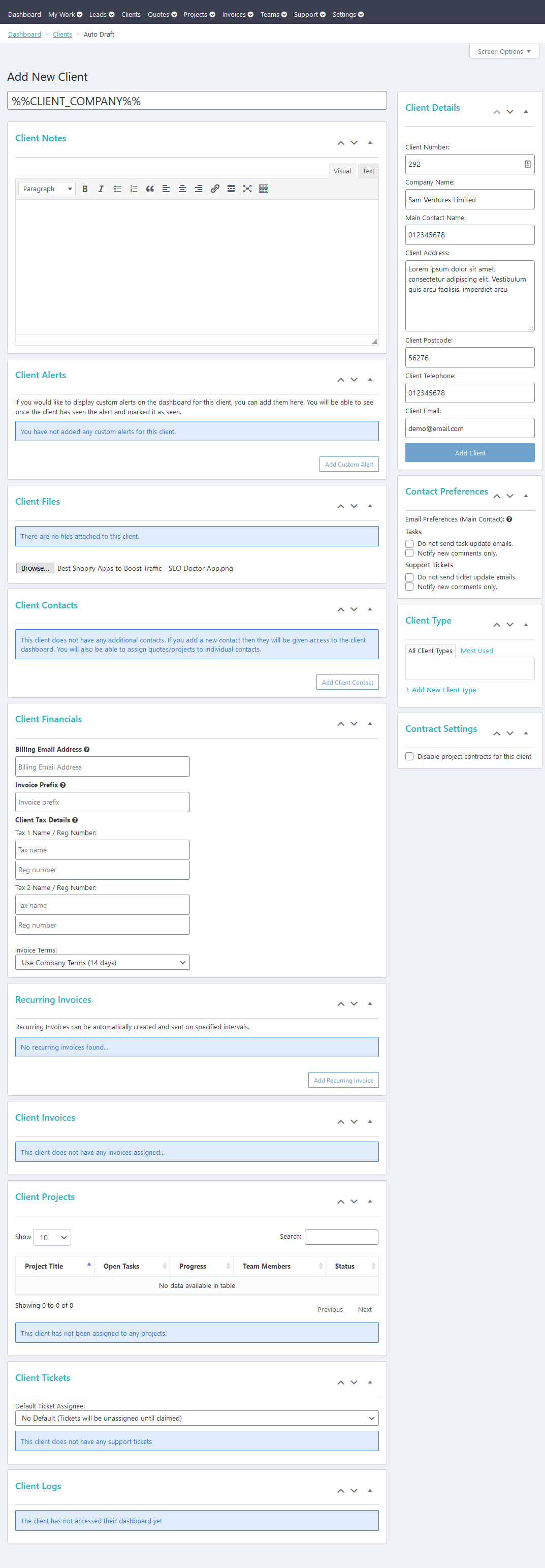 client dashboard - Projectopia Project Management Plugin