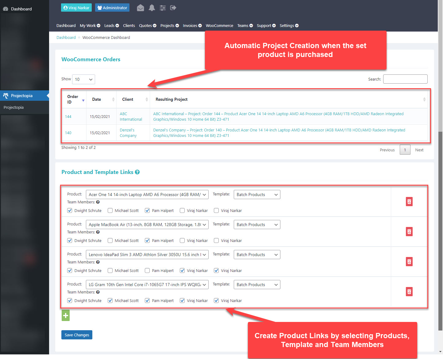 Projectopia WooCommerce Integration Addon - Setup the addon to Products and Template Links