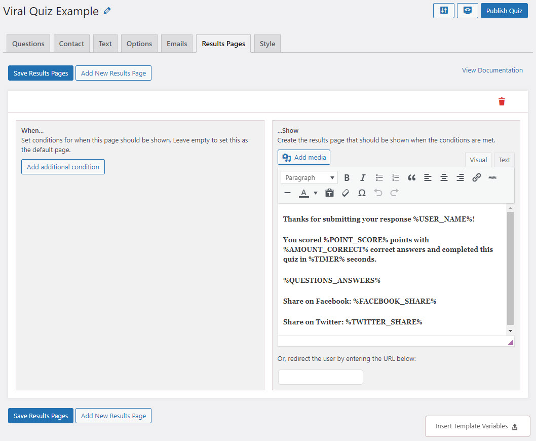 How to Create a Viral Quiz using WordPress Plugin - Configure Results Page